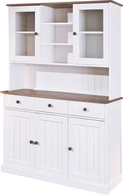 Image de Wright Buffet 3 portes, 2 portes vitrées, 3 tiroirs, 3 espaces ouverts, blanc, marron.
