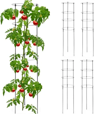 Immagine prodotto di Supporto per piante Relaxdays, set da 5 pezzi, 4 anelli, A x P 120 x 28 cm, fiori e piante da orto, metallo e plastica, torre per pomodori, nero