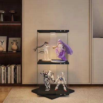Obrázok produktu pre Sklenená vitrína UnboxG, čierna, 38x38x82 cm, s LED osvetlením, 2 otočné police, ochrana proti prachu a proti prevrhnutiu
