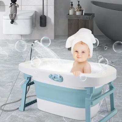 Produktbild von 3 in 1Baby Badewanne faltbare,mit Hocker,Rutschfeste Badebecken Duschwanne für Babys 85.3x55.5x43.7cm Blau