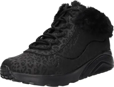 A black Skechers Uno Lite sneaker with leopard print detailing and faux fur trim.