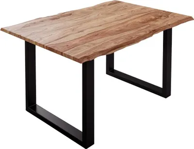 Produktbild von Baumkantentisch 120x80cm Mailand, Sheesham-Holz naturbelassen, Esstisch mit echter Baumkante, massiver Esszimmertisch mit U-Gestell Mattschwarz, Tischplatte 26mm