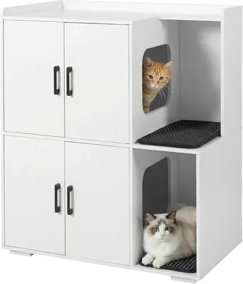 Produktbild von Katzenklo Schrank für 2 Katzen, Katzentoilette Schrank Zweistöckiger, Katzenklo Haus, Katzenhöhle Holz, mit Zwei Katzenstreu-Matten, 80 x 46.5 x 91.5 cm, Weiß