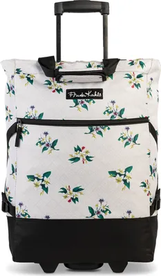 A wheeled bag with a floral pattern and a retractable handle.