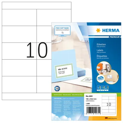 Produktbild von HERMA 4281 Universal Etiketten, 100 Blatt, 105 x 50,8 mm, 10 pro A4 Bogen, 1000 Stück, selbstklebend, bedruckbar, matt, blanko Papier Klebeetiketten Aufkleber, weiß – 100 Blatt / 1000 Etiketten