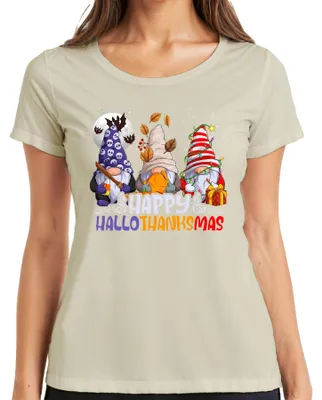 Produktbild von Happy Hallothanksmas Gnomes Halloween Thanksgiving Christmas Damen T-Shirt, Natur, L
