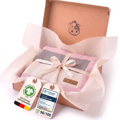 Produktbild von Minky Mooh® Babydecke 94x72 cm aus 100% Baumwolle – Kuscheldecke & Pucktuch für geborene – Rosa/Grau/Weiß gestreift