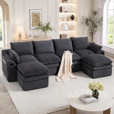 Produktbild von Modulares 4-Sitzer Cordsofa dunkelgrau, frei kombinierbares Sofa mit 2 Hockern, Kissen und Seitentaschen, 335x167x85cm