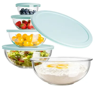 Productafbeelding van Glazen schaalset met deksels, 5-delig (0,18 liter, 0,5 liter, 1,0 liter, 2,0 liter, 3,5 liter), rond, BPA-vrij, geschikt voor koken, bakken, bereiden en n van voedsel