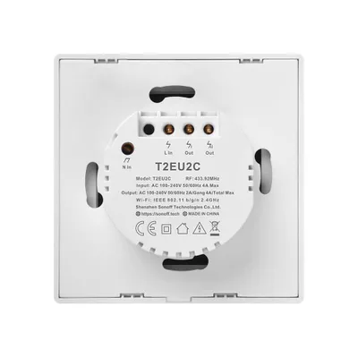 Produktbild von Sonoff T2EU2C-TX Smart Wall Switch, 2-Kanal Wand-Schaltaktor, weiß, mit Rahmen, WiFi + 433MHz