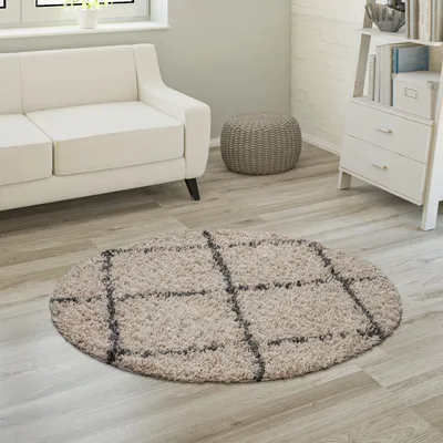 Produktbild von Hochflor Teppich Weicher Wohnzimmer Shaggy Skandinavischer Stil Rautenmuster Grösse Ø 200 cm Rund
