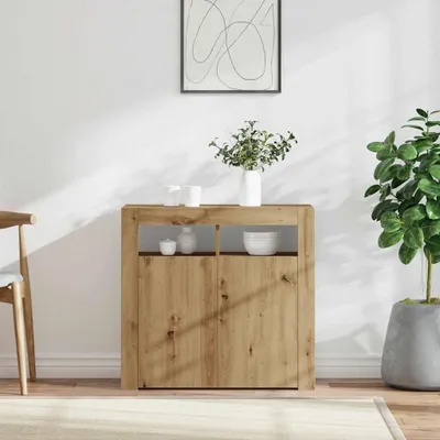 A wooden sideboard with decorative items on top and inside, placed in a room setting.