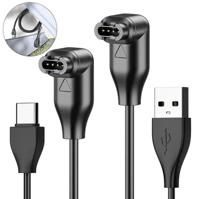 Two black USB-C charging cables with angled connectors are displayed against a white background. A small inset image shows one of the cables plugged into a device.