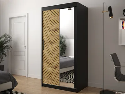Obrázok produktu pre Zrkadlová šatníková skriňa 100 cm so šuplíkmi ORIOT - čierna / dub artisan