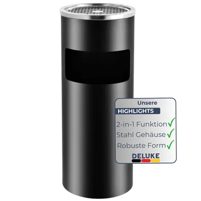 Produktbild von DELUKE® Runder Standaschenbecher für Draußen 30L - 25x61cm Stahl | Mülleimer mit Aschenbecher Abfalleimer mit Inneneimer Standascher Outdoor, Schwarz