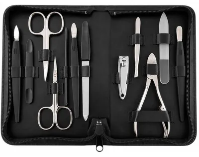 Produktbild von Maniküre Set 12-teilig mit Solingen Instrumenten, Echtleder-Etui Germany, Nagelset für Damen und Herren, Hand- und Fußpflege Schwarz