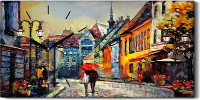 Produktbild von Leinwand Wanduhr Wandkunst Uhr Quarz 60x30 Gemälde Budapest Straße gebäude Stadt - schwarze Hände