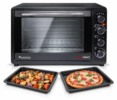 Produktbild von TurboTronic Minibackofen 2000 W, 45 Liter, Umluft, Ober-/Unterhitze, Drehspieß, 2 Backbleche, Innenbeleuchtung, Edelstahl, Gitterrost, Tischbackofen/Pizzaofen, Schwarz