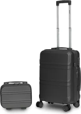 A black suitcase and a matching smaller bag are displayed against a white background.