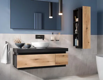Produktbild von Easy4You Matt Schwarz/Eiche Set Badezimmermöbel Unterschrank SEYA 110 cm mit 2 Schubladen + Seitenschrank 30x100 cm Badschrank Badezimmerschrank