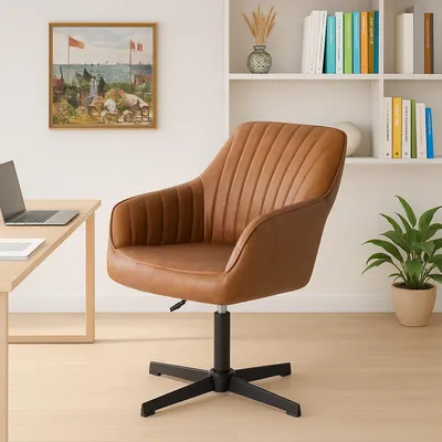 Produktbild von Freizeitstuhl Ohne Rollen, Höhenverstellbar Schminktisch Stuhl, Drehbar und höhenverstellbar, Bis 135 kg Belastbar Desk Chair, Braun