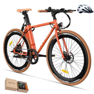 An orange electric bicycle is presented on a white background, with a white helmet and a gift box in the lower left corner.