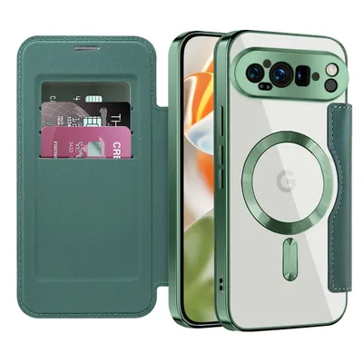 Produktbild von Klapphülle für Google Pixel 9 Pro XL Kompatibel mit Magsafe, Klar Überzug Kartenhalter Ledertasche mit Kameraschutz Grün