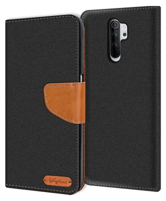 A black flip case wallet for a Xiaomi Redmi Note 8 Pro phone is shown open, revealing the phone and a brown leather strap closure.