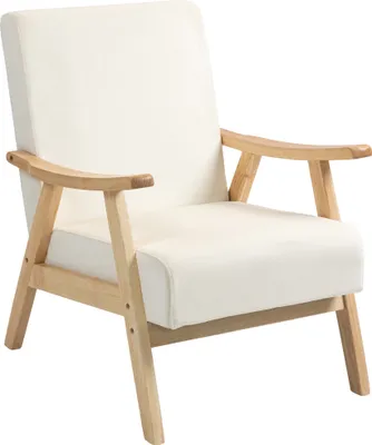 Zdjęcie produktu dla HOMCOM Fotel do salonu skandynawski fotel relaksacyjny z podłokietnikiem, poduszka siedziska, tapicerowany fotel wypoczynkowy z drewnianą ramą, fotel o aksamitnym wyglądzie, tapicerowany fotel do sypialni kremowo-biały