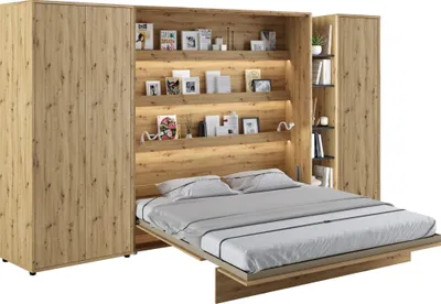 Produktbild von Wohnwand mit Schrankbett Bed Concept 180x200 Lenart Kleiderschrank Regalschrank Regal Led Beleuchtung Artisan Eiche/Schwarz