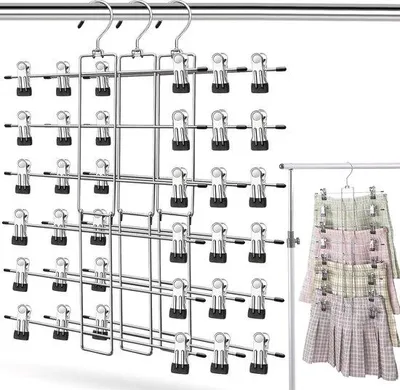Image de Cintres en métal, lot de 3, cintres pour jupes avec 12 pinces, peu encombrants, antidérapants, cintres pour pantalons, jupes, jeans et vêtements