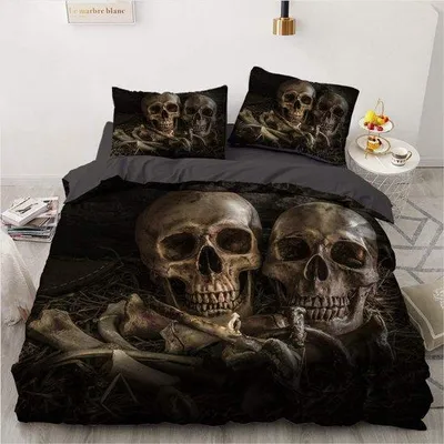 Produktbild von Ibenzoa® Bettwäsche-Set mit Schädelmotiv, Bettbezug 135x200 cm + Kissenbezug 80x80 cm, 100% gebürstete Mikrofaser