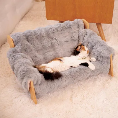 Immagine prodotto di Cuccia per gatti, in legno di faggio, grigia, con imbottitura morbida, dimensioni 70x47x30 cm