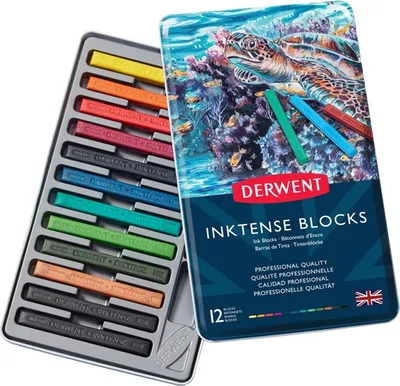Immagine prodotto di Pastelli acquerellabili DERWENT Inktense Blocks, 12 pezzi in scatola di metallo