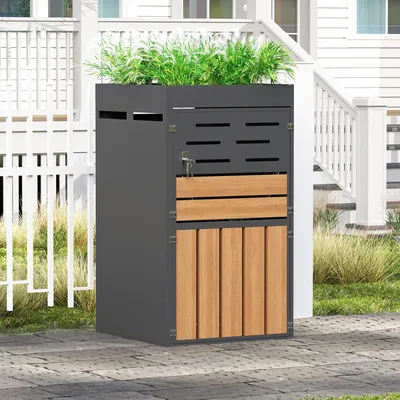 Produktbild von LVHOM 2-in-1 Mülltonnenbox mit Pflanzkasten, Gartenschrank aus verzinktem Stahl, Holzoptik, abschließbar, Mülltonnenverkleidung wetterfest