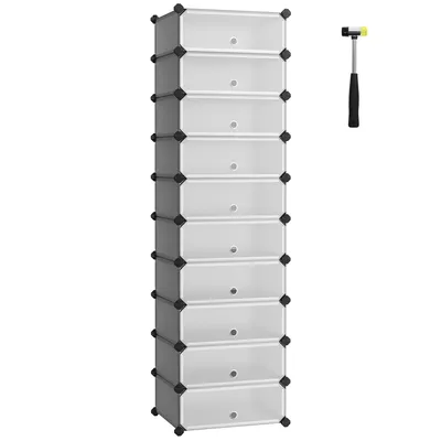A tall, multi-tiered storage unit and a small mallet on a white background.