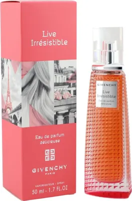 Givenchy Live Irrésistible Délicieuse Eau de Parfum in strukturiertem, rosa Flakon mit silbernem Sprühkopf neben passender Verpackung mit Silberprägung