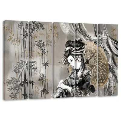 Produktbild von 5-teiliges leinwandbild geisha und bambus 200x100 cm Feeby grau wandbild bereit zum aufhängen