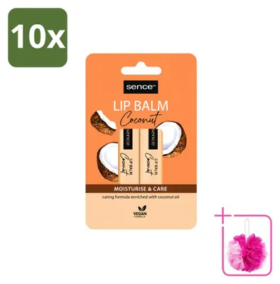 Imagen del producto de 10 bálsamos labiales Sence, hidratantes y nutritivos, sabor coco, 4,3 g cada uno, pack ahorro de 10 unidades