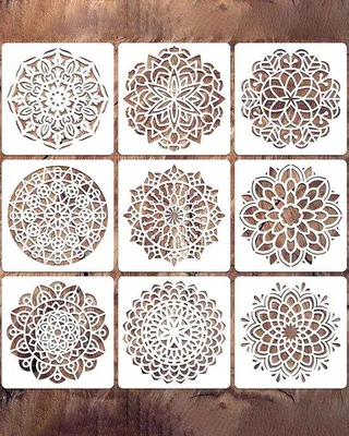 Image de Lot de 9 pochoirs de mandalas réutilisables à peindre soi-même sur différentes surfaces. Comprend des motifs de mandalas pour les tuiles, le bois, la toile et les coussins muraux.