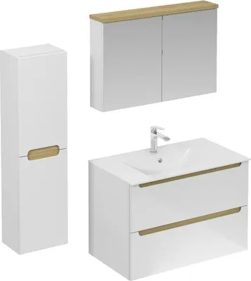 Produktbild von Naturel Stilla Badmöbel Set Waschtisch 80cm mit Unterschrank, Spiegelschrank, Zusatzschränke und Zubehör, weiß / holz glänzend
