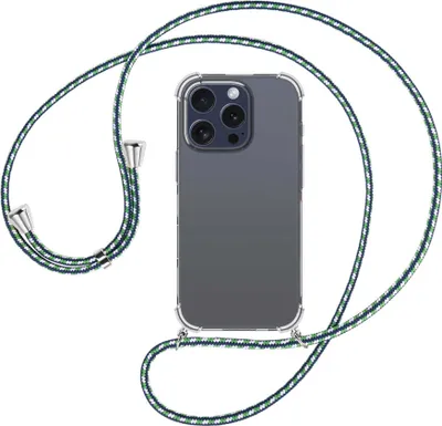 Produktbild von Handykette Backcover-Schutzhülle mit Band (Metall silberfarben) für iPhone 16 Pro - grün/blau/weiß