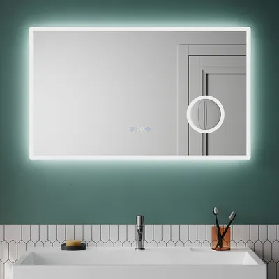 Obrázek produktu pro SUNXURY LED koupelnové zrcadlo s trojnásobnou lupou, koupelnové zrcadlo s ukazatelem času a teploty, s dotykovým spínačem, bez mlhy, s nastavitelným jasem - 100x60 cm