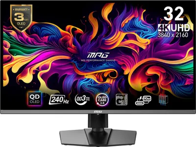 Produktbild von MSI MPG 321URXDE QD-OLED 31.5 Zoll 4K UHD Gaming Monitor - 3840 x 2160 Quantum Dot OLED Panel, 240Hz / 0.03ms, 99% DCI-P3, ΔE≤2, DisplayHDR True Black 400, KVM, RGB - DP 1.4a, HDMI 2.1, USB Type-C