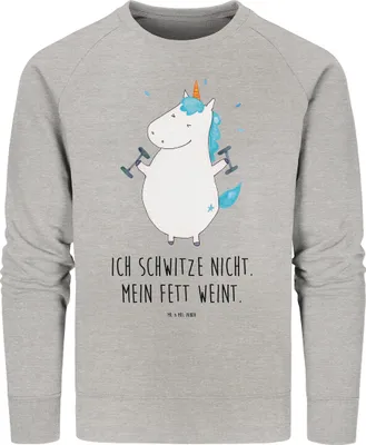 Produktbild von Mr. & Mrs. Panda Bio Baumwoll Pullover Einhorn Fitness Größe L - Heather Grey - Geschenk, Abnehmen, Sweatshirt, Sweater, Unicorn, Diät, Sport, Pulli, Fitnessstudio