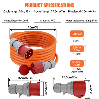 Obrázek produktu pro Průmyslový prodlužovací kabel, 10 metrů - 32A, silnoproudový kabel - 5žilový, 2,5 mm² - 380–415V - IP44 - CEE na IEC, pro venkovní použití, stavební objekty