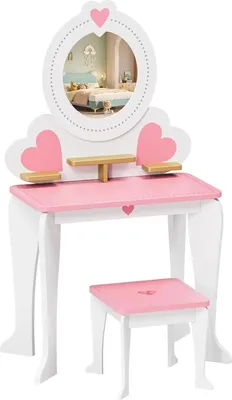Image de Coiffeuse pour enfants - Coiffeuse avec tabouret - Miroir amovible - Coiffeuse et bureau 2 en 1 - Bois - Plateau rose - 50 × 33 × 91 cm