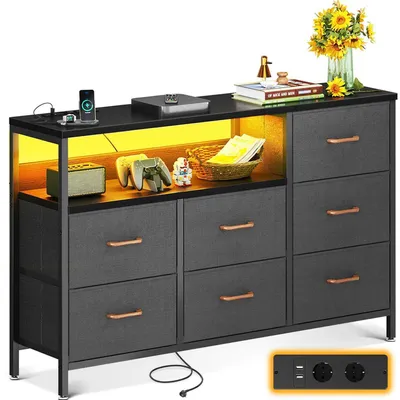 Image de Commode avec 7 tiroirs en tissu, éclairage LED, 2 ports USB et 2 prises de courant, dimensions 132x30x89 cm, couleur noire