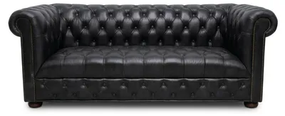 Zdjęcie produktu dla Trzysobowa sofa Chesterfield, wykonana z naturalnej skóry, w eleganckim, czarnym kolorze