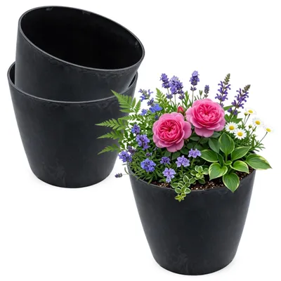 Obrázok produktu pre 3.10 Sada 3 kusov masívnych plastových kvetináčov  – každý cca Ø 16 x 14 cm – okrúhly kvetináč v čiernej mramorovanej farbe (3 kusy)